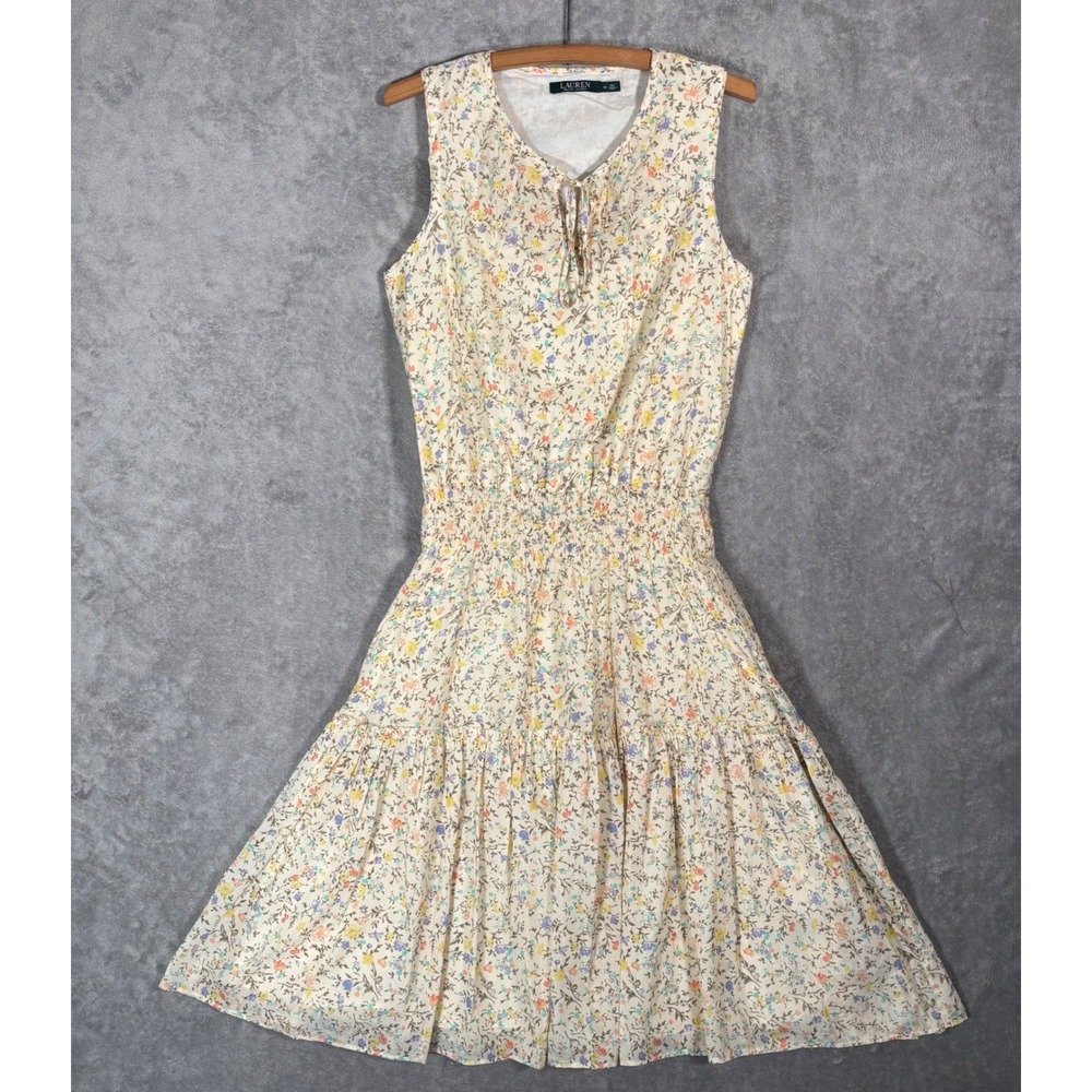 Lauren Ralph Lauren Floral Smocked Waist Tiered Midi Dress Cream Size 10 Cottage